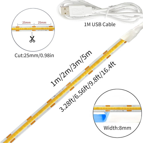 5V Lights,9.84FT/3M,Natural 4000K,320LEDs/M,8mm IP20,1M USB COB LED Strip White Width,Not Waterproof USB Cable,Flexible