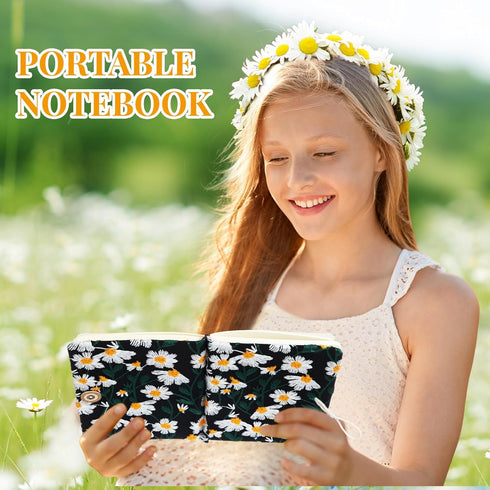 Fabric Notebook A6 - Flower Embroidered Journal, Daisy Printed Linen Hardcover Pocket Ruled Notebook for Women