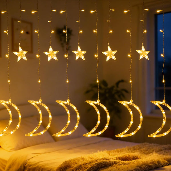 TW SHINE Ramadan Star Moon Curtain String Lights, 138 LED 8.2 FT