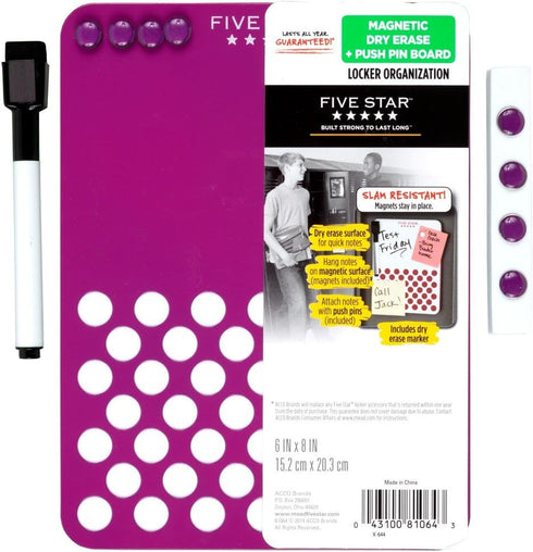 Five Star Locker Accessories, Locker Dry Erase Board + Locker Push Pin Board, Magnetic, 6" x 8", Purple (73545) by Five Star