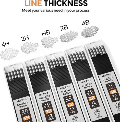Nicpro 2.0 mm Mechanical Pencil Set, Artist Metal Lead Holder with 60 Graphite Lead Refill HB, 2H, 4H, 2B, 4B, Eraser,