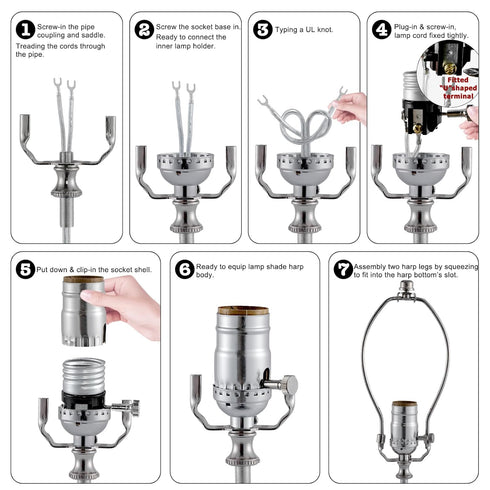 Lamp Making Kit, Make a Lamp or Repair Kit, 3-Way Lamp Socket with Matching Cord, Lamp Harp Set for Table Floor Lamp,