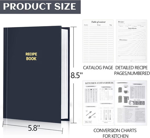 Perfect Blank Recipe book - Recipe Book to Write In Your Own Recipes,Organize Your Recipes- Waterproof Cover and 186 Blank Pages Recipe Notebook (dark blue)