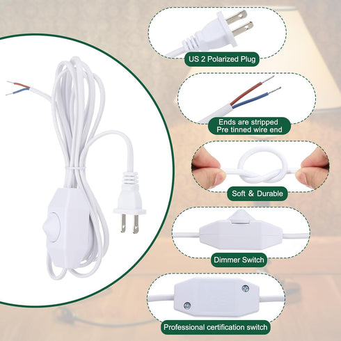 PATIKIL 8 3 Set Feet Lamp Cord with Plug, UL List Lamp Power Cord with Full Range Rotary Lamp Switch Stripped Ends