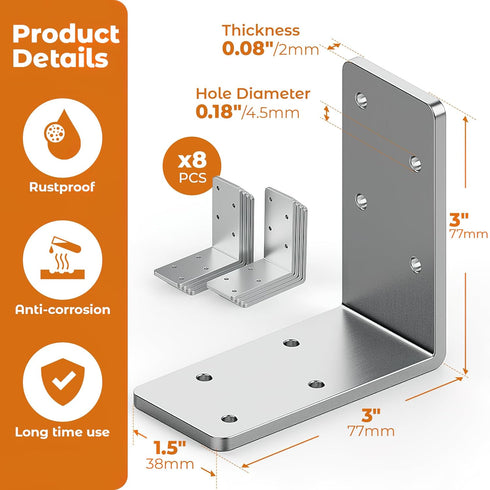Wuno Shop 8 Pcs L Brackets Heavy Duty, 90 Degree Angle Bracket, Galvanized Corner Brace for Wood 90 Degree L Shape