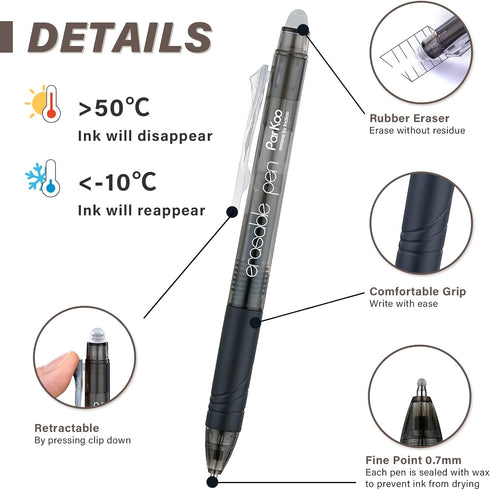 ParKoo Retractable Erasable Gel Pens Clicker Fine Point 0.7 mm 12-Pack for Sudoku and Crossword Puzzles