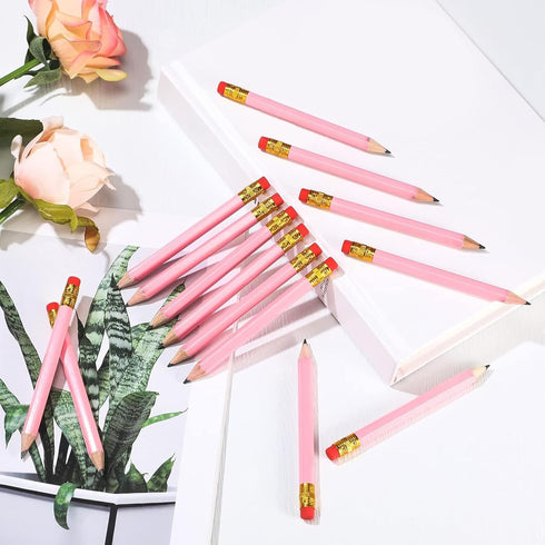 Zonon 24 Pieces Back to School Half Golf Pencils with Eraser Easy to Hold Graphite HB Pencils for Wedding Office (Pink)