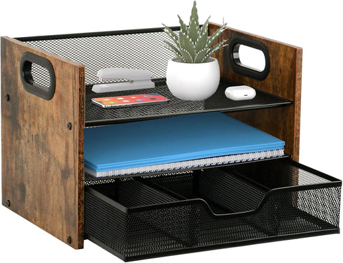 Wood Desk Organizer with Drawer, Paper Tray, File Organizer, Document Organizer for Office Accessories Storage