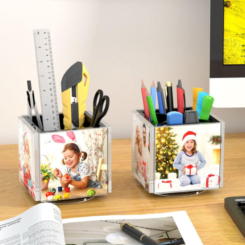 HIIMIEI Acrylic Rotating Pen Holder for Desk, Holds 4 Family Photos, Organizer for Office and Home