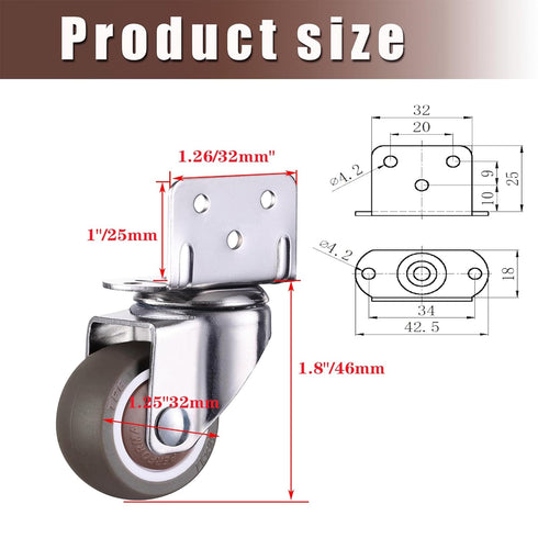 AONMTOAN 1.25 Inches 120 Lbs Bookshelf,Set 4 L-Shaped Plate Swivel Caster, with Brake Rubber Caster, Side Mount casters