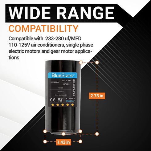 233-280 uf mfd Round Motor Start Capacitor 110-125VAC ±20% Volts, 50/60 Hz Electric Replacement by Blue Stars