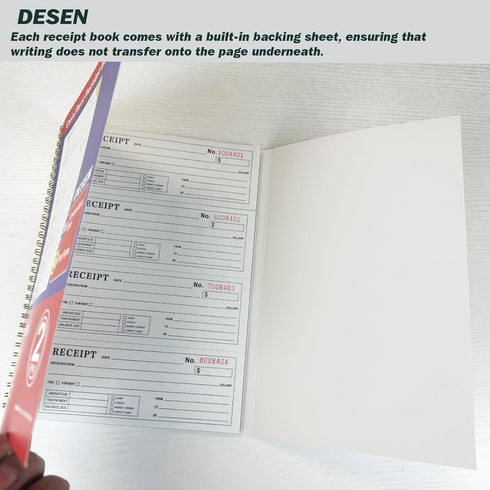 DESEN 2-Part 7-5/8" 11", 200 Sets 4 Carbonless Money and Rent Receipt Book, x Spiral Bound, Thick Paper, per Book