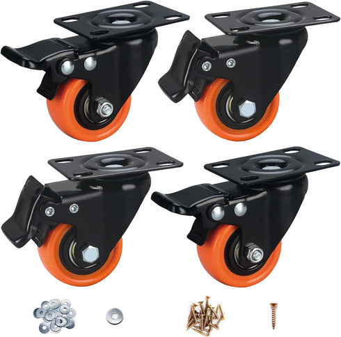 2" Caster Wheels - Orange Polyurethane Castors, Set of 4 Locking Casters for Furniture and Workbench