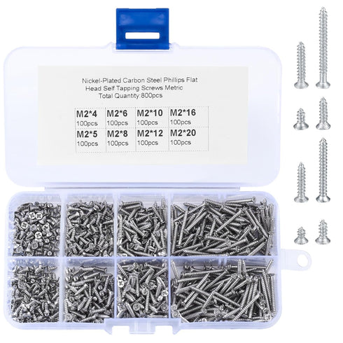 M2 Flat Head Self Tapping Screws, 800 Pcs Self Drilling Fastener Screws Assortment Kit