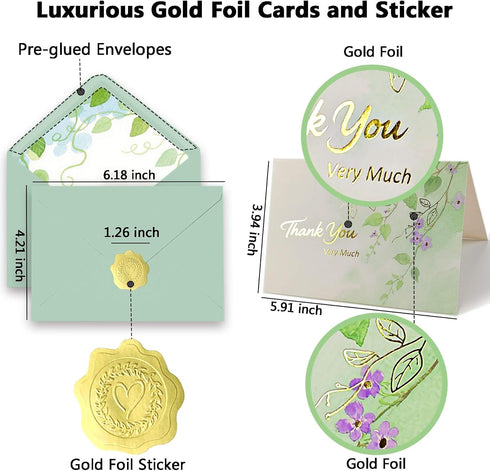 50 4x6 Inches, 4 PK Thank You Cards Bulk with Envelopes & Gold Foil Stickers, Designs for Weddings Baby Bridal Showers