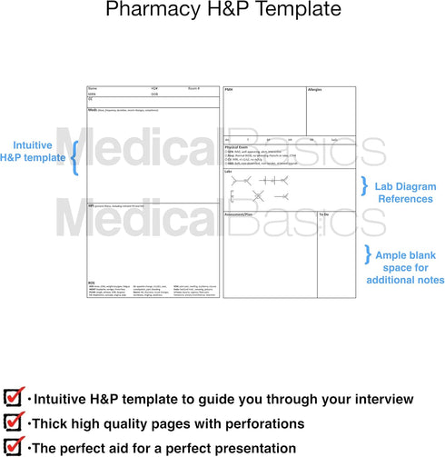 Pharmacy H&P Notebook Medical History and Physical notebook, 100 medical templates with perforations