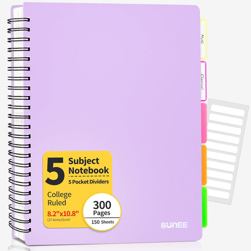 SUNEE 5 Subject Notebook College Ruled - 300 Pages, 8.2"x10.8", 5 Pocket Colored Dividers, 3-Hole Punched Paper
