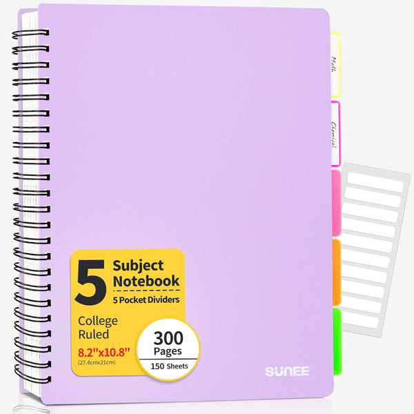 SUNEE 5 Subject Notebook College Ruled - 300 Pages, 8.2"x10.8", 5 Pocket Colored Dividers, 3-Hole Punched Paper