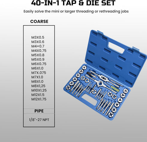 40pcs Metric Tap and Die Set, Essential Repair Tool Kit for Cutting External and Internal Threads