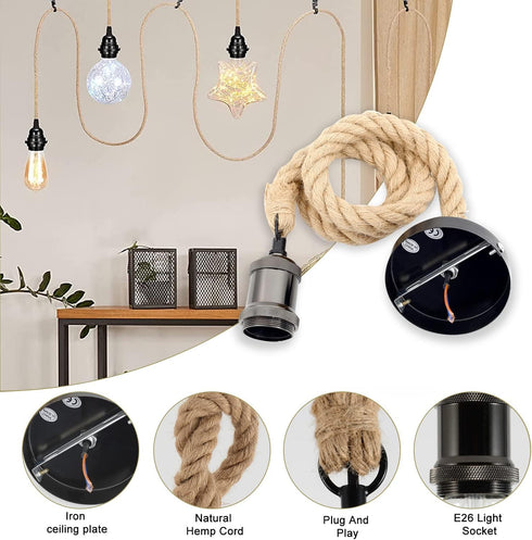 E26 Industrial Hemp Rope Chandelier;Single Head Farmhouse Pendant Lights Base Ceiling Lamp;Retro Pendant Lamp Cord- DIY