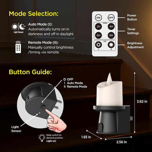 2-in-1 (1 Pack) 1 Pack) Plug in Night Light - Dual Mode: Sensor & Remote Control - Modern Farmhouse Black Candle Wall