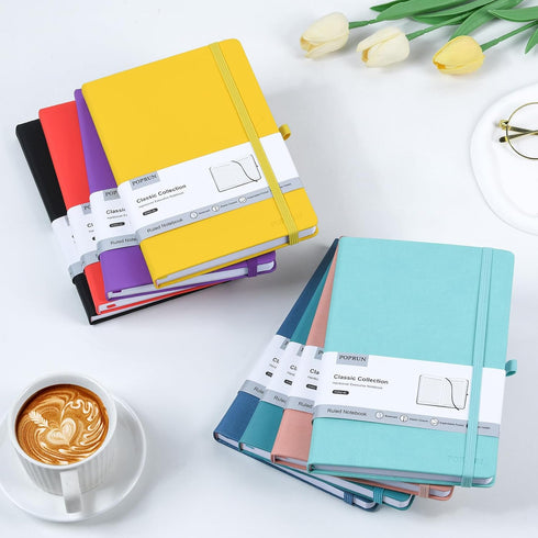 POPRUN A5 Lined Journal Notebooks, Leather Hardcover, Thick Notebook for Writing, 5.5 x 8.3 inch, 240 Pages, Yellow