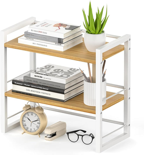 Office Desk Shelf Organizer - Wood Desktop Bookshelf Supplies Storage Rack, 2 Tier Shelf for Desk and Dresser