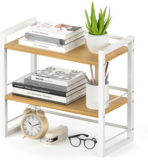 Office Desk Shelf Organizer - Wood Desktop Bookshelf Supplies Storage Rack, 2 Tier Shelf for Desk and Dresser