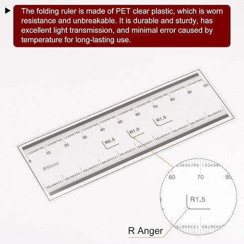 10cm Film Flexible Ruler, 0.1mm Scale with R Angle PET Plastic Folding Calibration Measuring Tool, Transparent