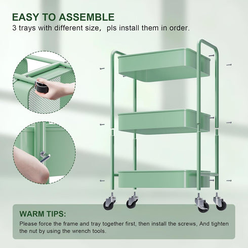 Aofure 3 Tier Rolling Storage Cart Metal with Wheels, Green Baby Diaper Caddy Carts, Three Tiered Craft Cart Organizer