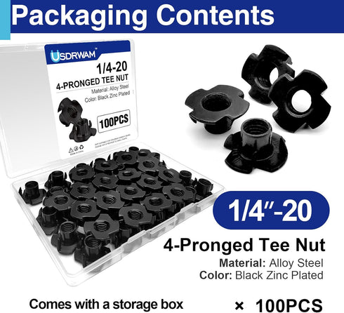 Usdrwam 100 Pack 1/4"-20 4-Prong T Nuts for Wood, Black Carbon Steel Tee Nuts for Furniture, Cabinets, and Rock