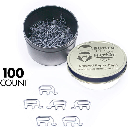 Butler in the Home Animal Elephant Shaped Paper Clips, 100 Count in Silver Tin and Gift Box