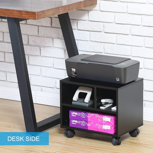 FITUEYES Mobile Printer Stand with Storage, Small Rolling Work Cart with Wheels, Black Wood, 15.7 x 11.8 x 13.8 for