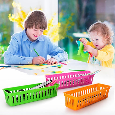 PLMMOUT 24 Pack Organization,9.3" 2.2" 2.4" Pencil Basket Tray,Plastic Classroom Organizer Basket,Colorful Crayon