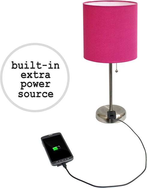 LC2001-PNK-2PK Set 2 Pack Set Simple Designs Brushed Steel Stick Table Lamp with Charging Outlet and Pink Fabric