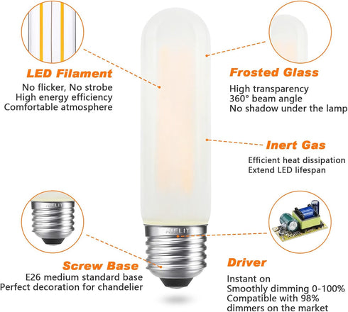 T10/T30 Bulb 25 2700K, 200 E26 2W Dimmable Bulbs, Bulb 3-Pack Frosted LED Light Watt Equivalent, Warm White LM