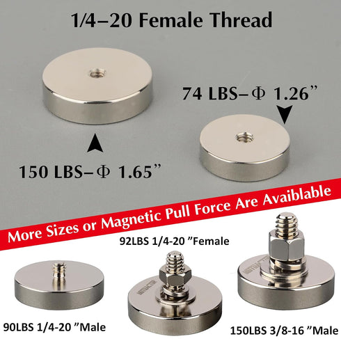 4PCS Magnet,92lbs 1/4 MUTUACTOR Strong Neodymium Pot Heavy Duty Magnets with Female Thread,Powerful Rare Earth Magnets