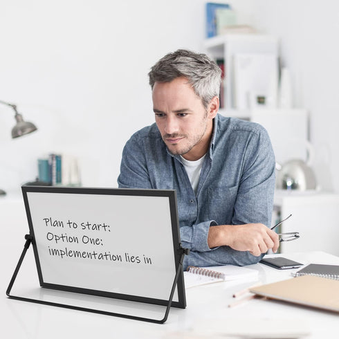 OWill Black Dry Erase White Board - 16inX12in Large Magnetic Desktop White Board with Stand, Portable Double-Sided Easel