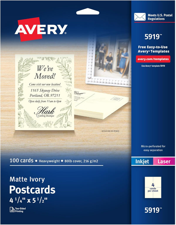 Printable Postcards Avery, 4.25" x 5.5", Ivory, 100 Blank Postcards for Laser and Inkjet Printers (5919)