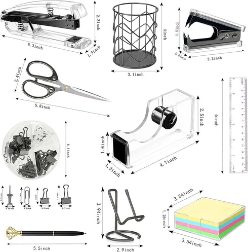 Office Desk Accessories Set, Acrylic Stapler, Staple Remover, Tape Holder, Pen Holder, Scissors, Binder Clips, 1000