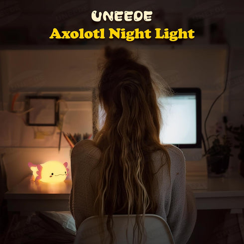 UNEEDE Axolotl Night Light for Kids, Animal Silicone Nursery Night Lamp, Rechargeable Table Lamp Bedside Lamp, Cute