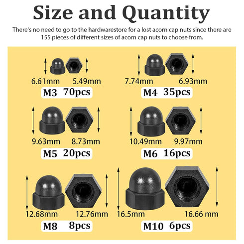 Vifmy Kit,M3 M4 M5 M6 M8 M10 155PCS Sets,Nut Metric Black Nylon Acorn Nuts Assortment UNC Cap Nuts Caps for Bolt,Dome