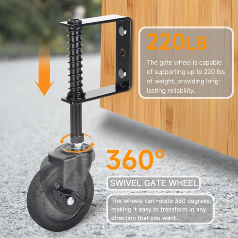 4 Inch Heavy Duty Gate Wheel with Brake, Spring Loaded Caster Wheel, Outdoor Gate Helper for Wooden PVC Fences, 220 Lbs