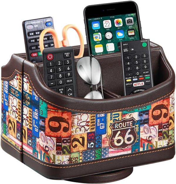 PUSU Colorful Pattern Remote Control Holder, PU Leather 360° Rotatable Nightstand Organizer for TV Remotes/Office