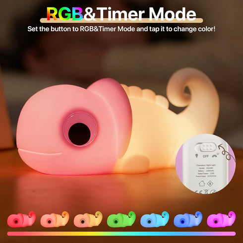 3 Dimmable Cute Chameleon Night Light for Kids Rechargeable, Battery Operated Nightlight Level with RGB&Timer, Silicone