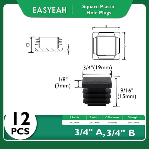 3/4" (19mm) 12 EASYEAH Plastic Hole Plugs Black -Square Chair Leg Caps & Pipe Plugs, Tubing End Caps for Metal and Wood