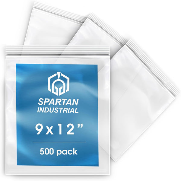 Spartan Industrial 2 Mil Clear Reclosable Zip Plastic Poly Bags, 9” X 12” (500 Count) with Resealable Lock Seal