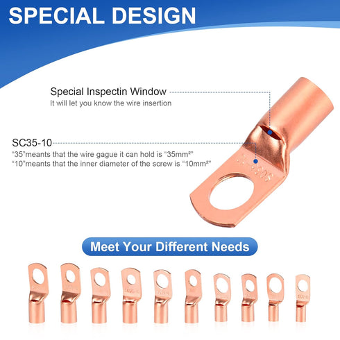 260Pcs Copper Wire Lugs, Battery Cable Ends AWG 2 4 6 8 10 12 Gauge Wire Connectors with Heat Shrink Set