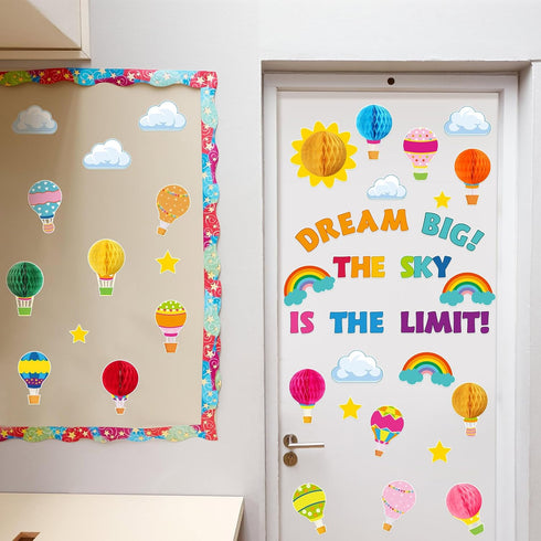 Funrous 82 Pcs Colorful 3D Hot Air Balloon Bulletin Board Set, Honeycomb Cloud Rainbow Cutouts for Preschool Classroom