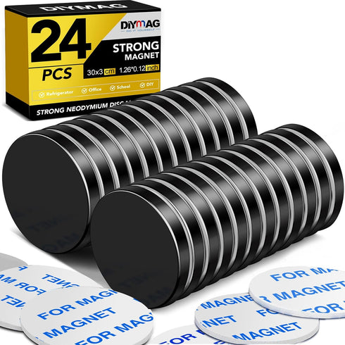 DIYMAG Black Neodymium Disc Magnets with Double-Sided Adhesive, Strong Rare Earth Magnets, 1.26 Inch Diameter, 24 Pack